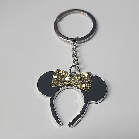 Disney Mickey / Minnie Mouse EARS Gold Glitter Bow Keychain - Picture 1 of 5
